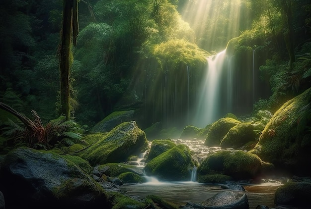 Une cascade dans la forêt avec le soleil qui brille à travers les arbres Cascade naturelle avec de la mousse de roches