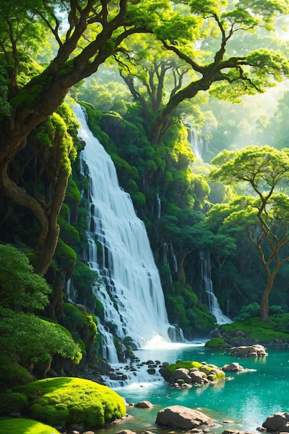 Cascade dans la forêt tropicale avec un bateau dans l'eau