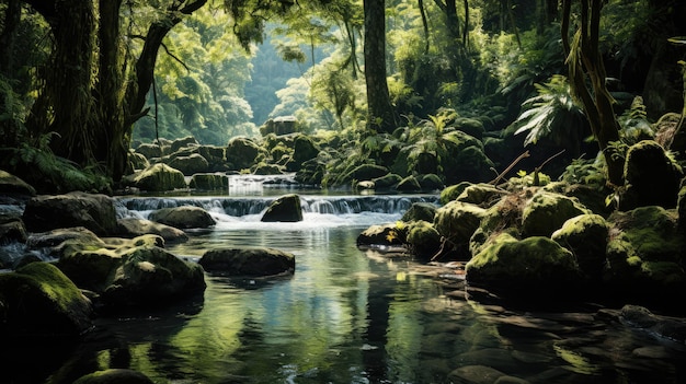 Cascade dans la forêt tropicale isolée sur fond de printemps