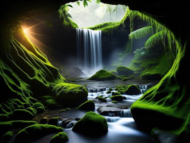 Une cascade dans une grotte avec de la mousse verte