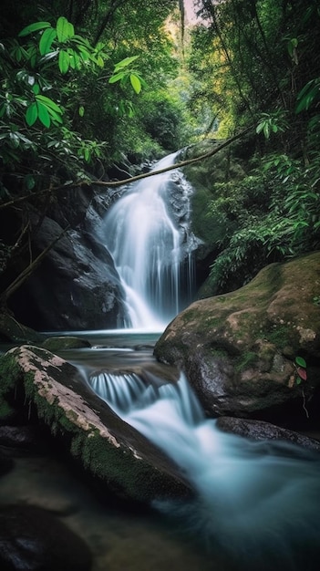 Une cascade dans la jungle avec un fond vert