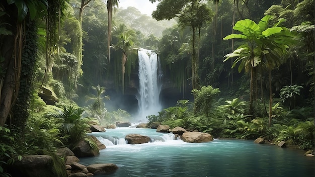 Une cascade dans une jungle avec des plantes vertes et de l'eau bleue