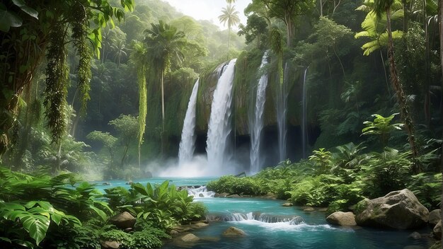 Une cascade dans une jungle avec des plantes vertes et de l'eau bleue