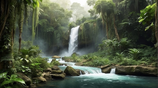 Une cascade dans une jungle avec des plantes vertes et de l'eau bleue