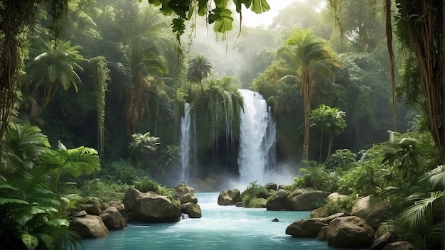 Une cascade dans une jungle avec des plantes vertes et de l'eau bleue