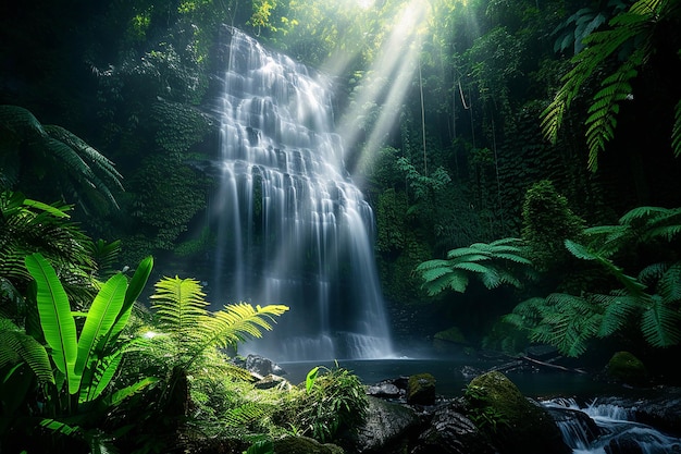 une cascade dans la jungle avec le soleil qui brille à travers les feuilles