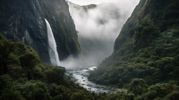 Une cascade dans les montagnes avec un ciel nuageux