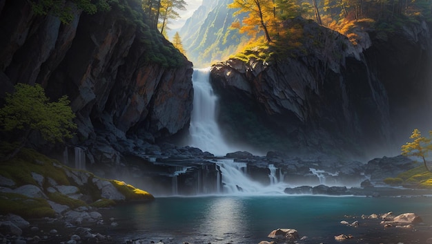 Une cascade dans les montagnes avec une forêt en arrière-plan