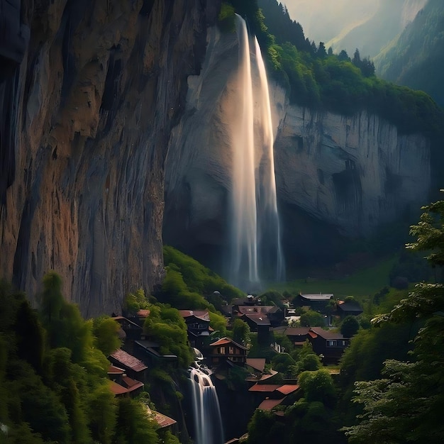 cascade dans les montagnes sur le papier peint de la ville par ai