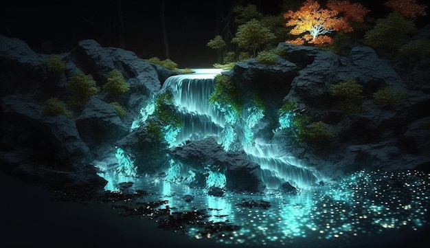 Une cascade dans le noir avec des lumières bleues