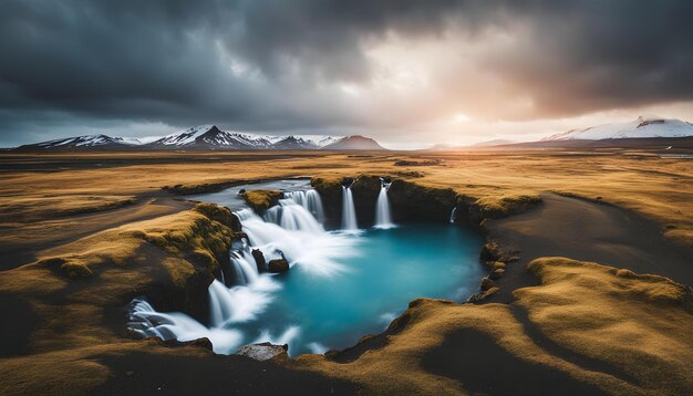 Photo une cascade dans un paysage avec des montagnes en arrière-plan