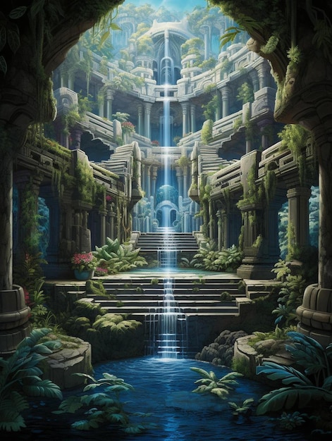 une cascade dans un temple avec une cascade en arrière-plan.