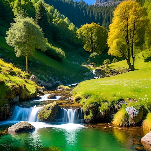 Une cascade dans une vallée verte entourée d'arbres et d'une forêt.