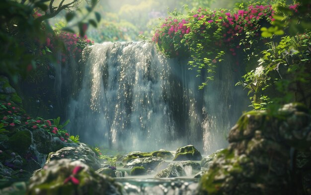 La cascade du Jardin Enchanté Une cascade tranquille s'écoule doucement sur des rochers moussus entourés de verdure luxuriante