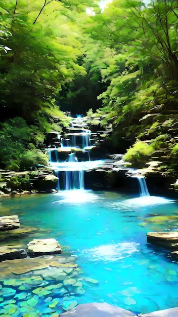 une cascade avec de l'eau bleue et des arbres verts en arrière-plan
