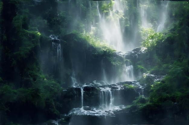 Une cascade enchanteresse est cachée au plus profond d'une dense forêt mystique générée Ai