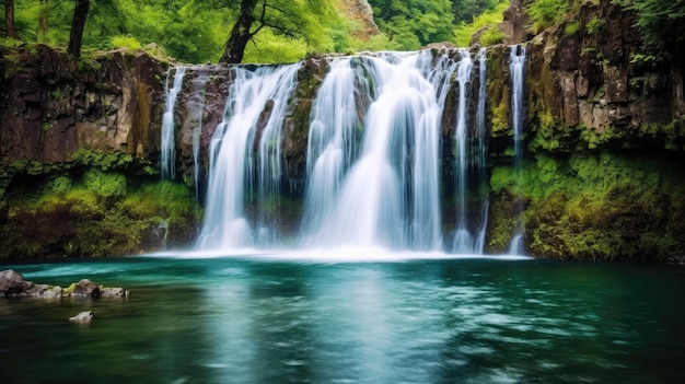 Une cascade entourée d'arbres