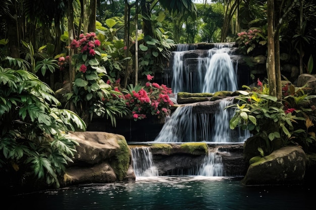 Photo une cascade entourée de plantes et de fleurs