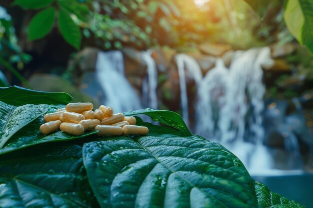 Une cascade est à l'arrière-plan d'une plante à feuilles vertes