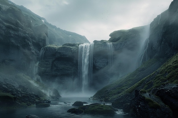 Photo une cascade est au premier plan et l'eau est à l'arrière-plan