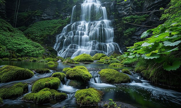 Photo une cascade est dans les bois avec de la mousse sur les rochers