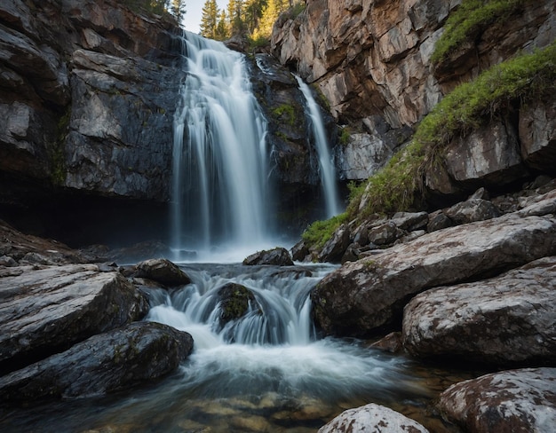 une cascade est entourée de rochers et d'arbres