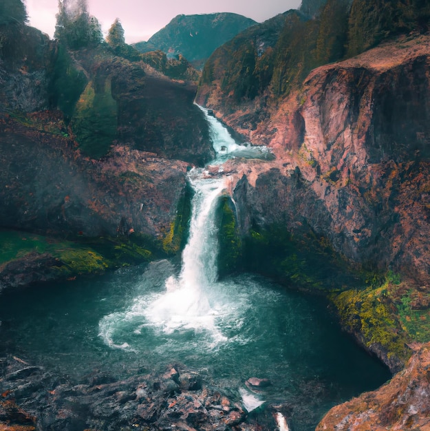 Une cascade est entourée de rochers et d'arbres.