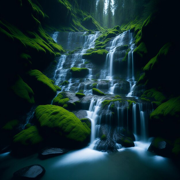 Photo une cascade est entourée de rochers moussus et de rochers moussus.