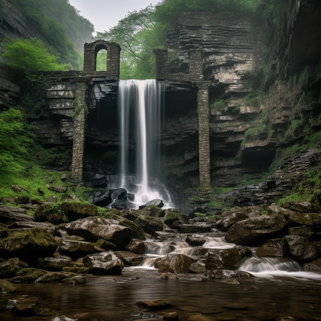 Une cascade est entourée de végétation verte et l'eau est entourée de rochers.