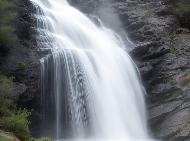 une cascade est montrée au milieu d'une forêt