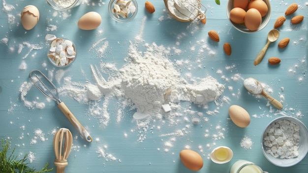 Une cascade de farine au centre avec des œufs, des amandes et des ustensiles de cuisson disposés sur une table de cuisine