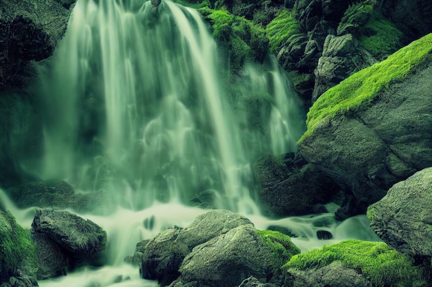 La cascade fascinante dans la forêt rendu 3d illustration 3D