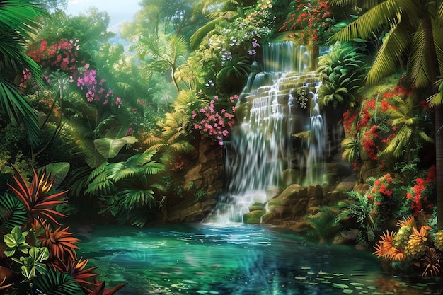 Photo une cascade avec des fleurs et une cascade en arrière-plan