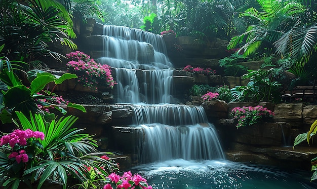 une cascade avec des fleurs et des plantes en arrière-plan