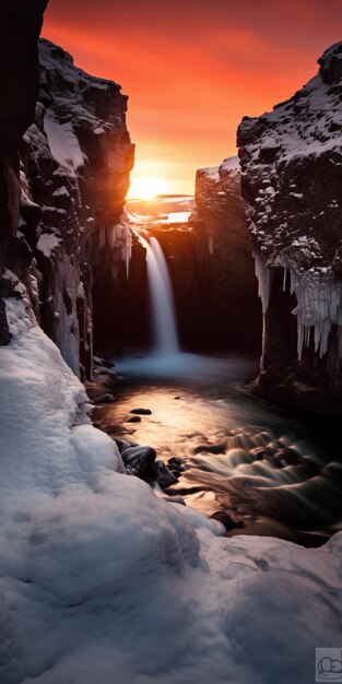 Photo une cascade gelée au coucher du soleil une photo captivante inspirée de patty maher