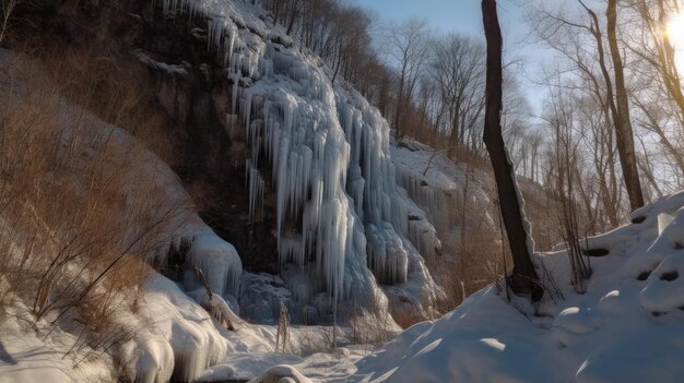 Une cascade gelée dévalant une falaise rocheuse