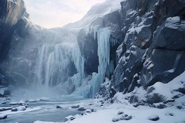 Une cascade gelée qui descend des falaises glacées.