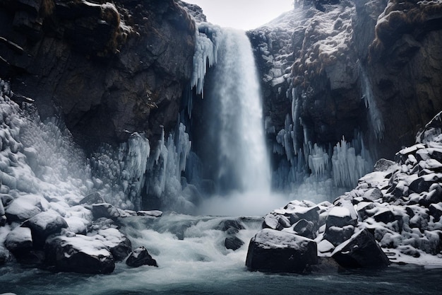 Une cascade gelée qui descend des falaises glacées.