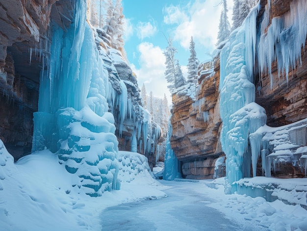 La cascade glacée de la Majesté de l'Hiver est une spectaculaire cascade congelée qui descend en cascade sur des falaises rocheuses.