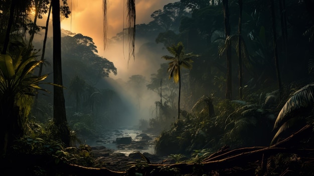 Photo une cascade gothique brumeuse dans la forêt tropicale baroque