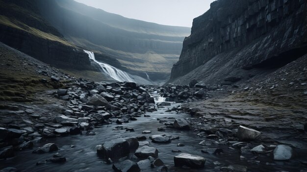 Une cascade gothique Un paysage montagneux islandais sombre et sombre