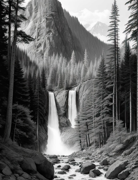 une cascade avec de hauts sapins menant dans la forêt des montagnes obscurcissant le ciel