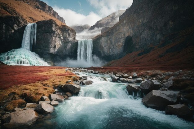 Cascade d'hiver sereine dans un paysage d'automne