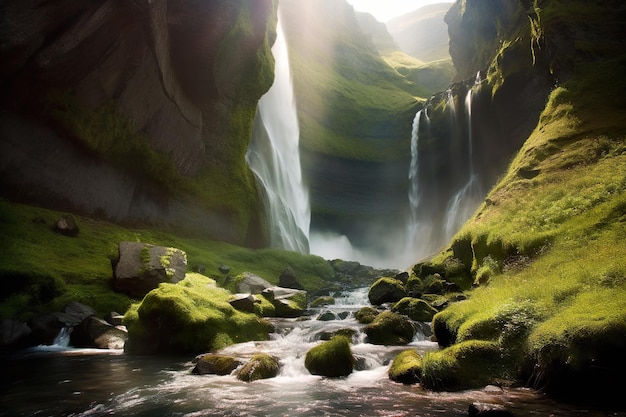 Une cascade en islande avec le soleil qui brille sur les rochers