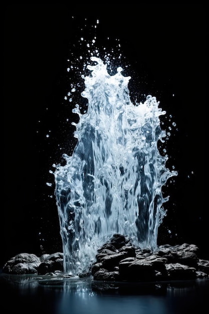 Cascade isolée dans un fond noir dramatique eau en cascade avec détails d'éclaboussures et de pulvérisation