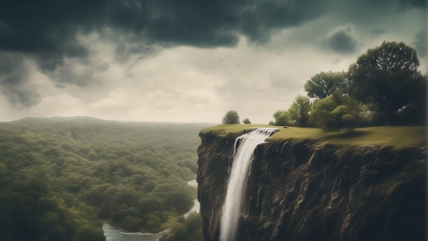 Une cascade sur une journée nuageuse avec une cascade en arrière-plan.