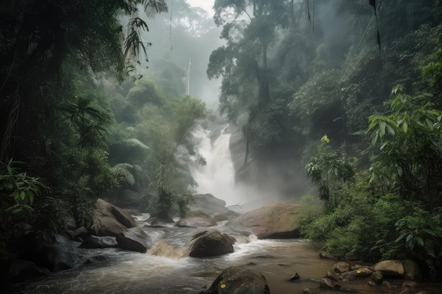 Cascade de jungle enfumée avec embruns brumeux et cascades rugissantes