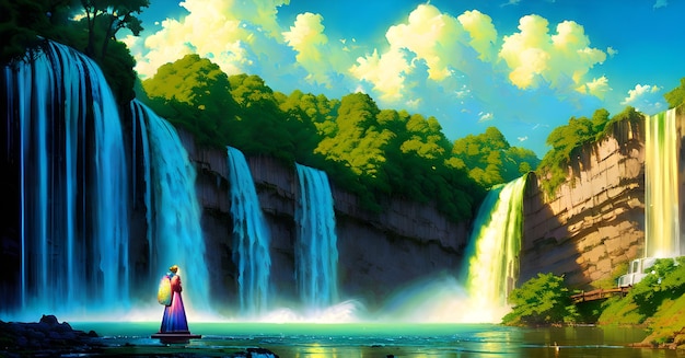 Cascade magique Jungle forêt illustration rivière ruisseau sur fond de paysage AI générative pour enfants livre histoires contes de fées