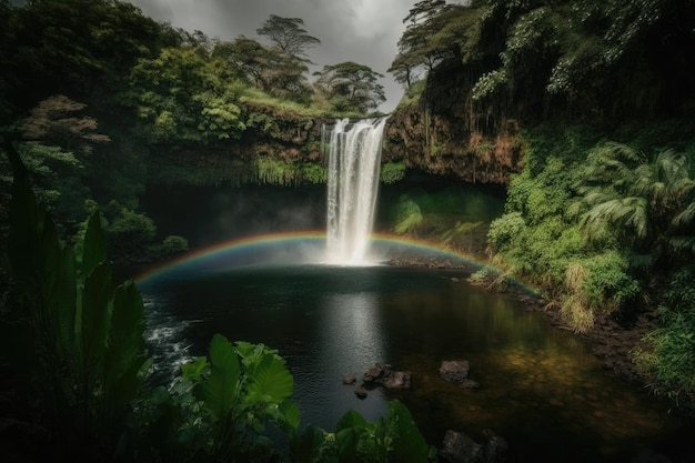 Cascade majestueuse avec un arc-en-ciel devant entouré de verdure luxuriante