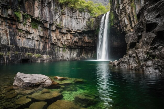 Cascade majestueuse en cascade sur des rochers déchiquetés dans une rivière cristalline créée avec une IA générative